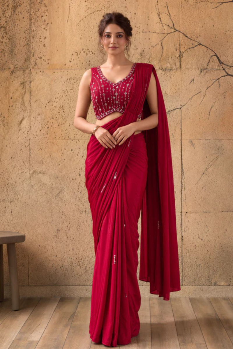 Red Lycra Pre-Draped Saree with Sequin Work and Ready to Wear Blouse