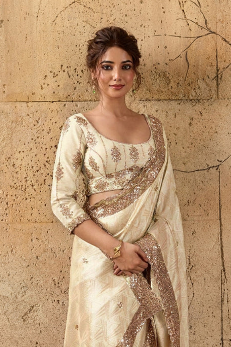 Ivory Cream Organza Silk Saree with Zari Hand Embroidery with Stitched Blouse