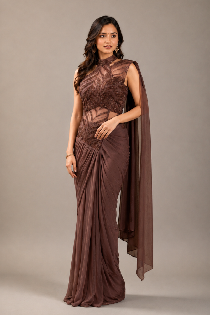 Coffee Brown Lycra Pre-Draped Saree with Sequin and Embroidered Ready to Wear Blouse