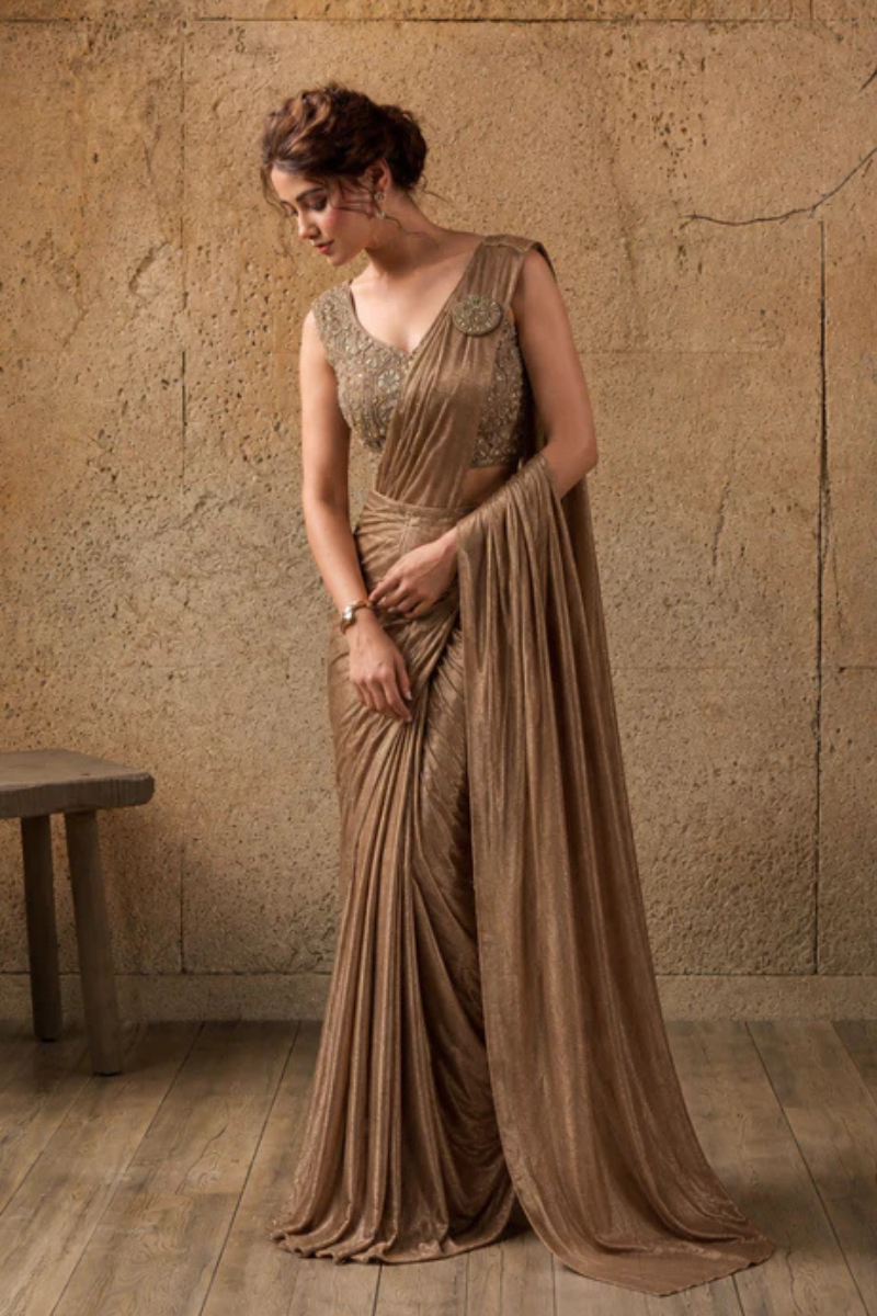 Mocha Brown Lycra Pre-Draped Saree with Ready to Wear Blouse