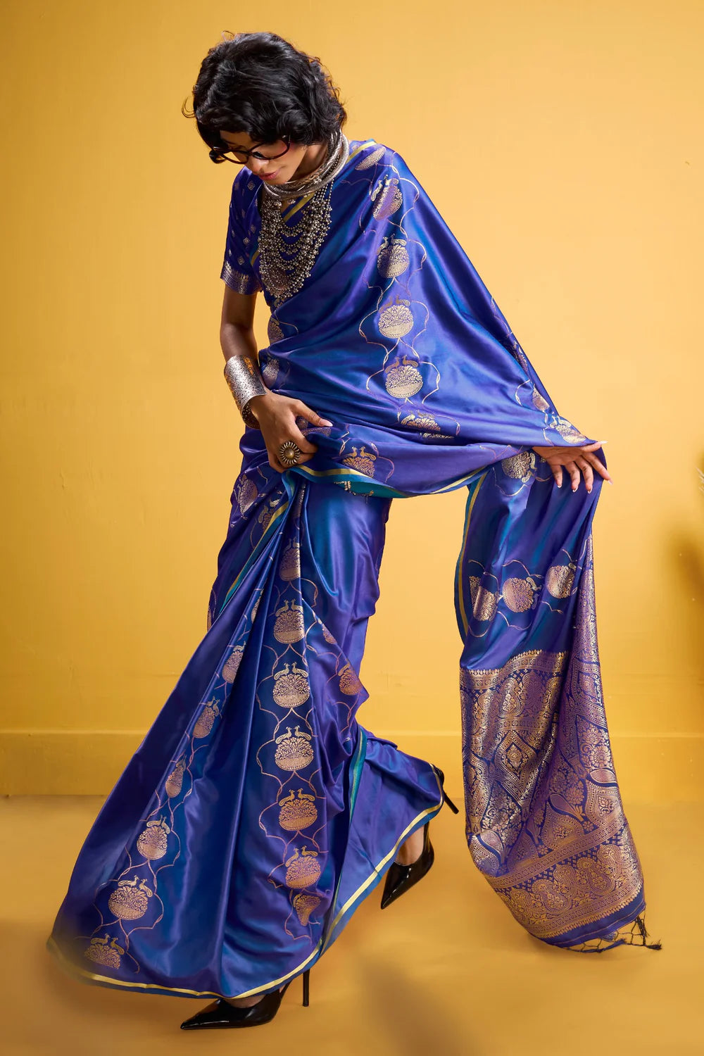 Dark Blue Pure Satin Handloom Saree with Gold Zari Weaving