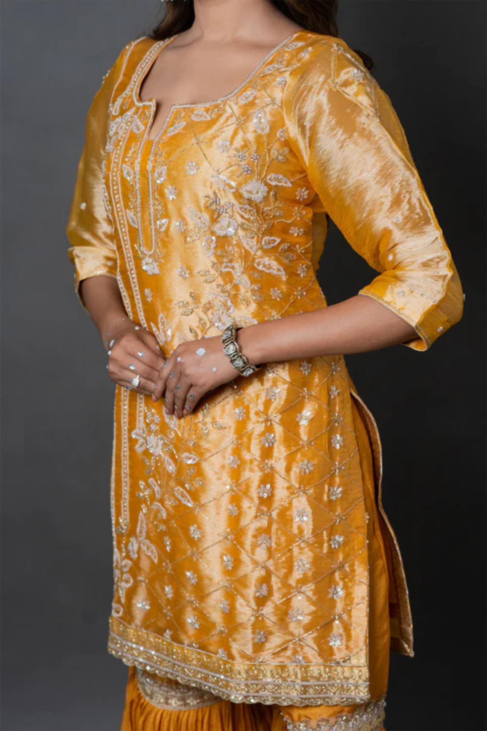 Mustard Yellow Organza Kurta Gharara Set with Zari, Sequin & Pearl Hand Embroidery Work