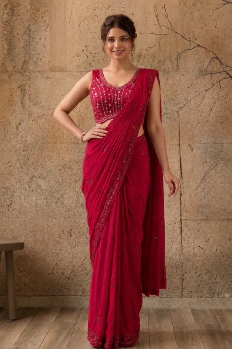 Red Lycra Pre-Draped Saree with Sequin Work and Ready to Wear Blouse