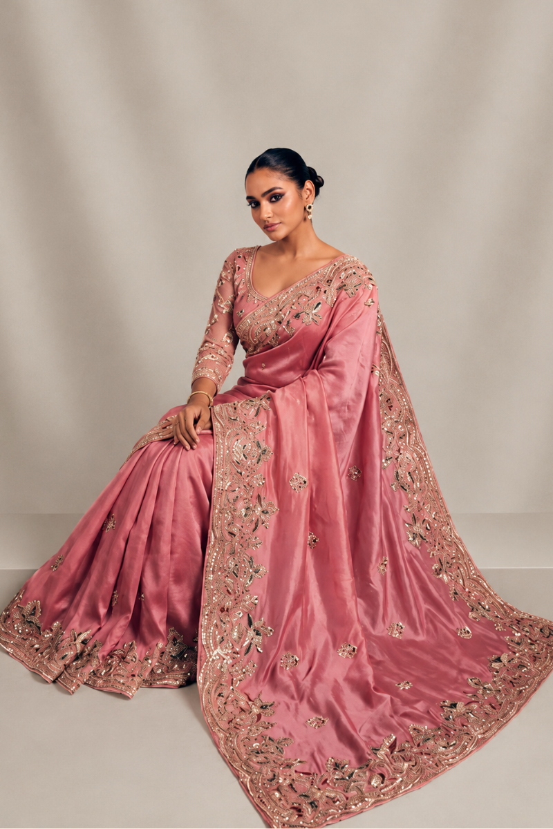 Rose Pink Organza Silk Saree with Peacock Hand Embroidery with Stitched Blouse