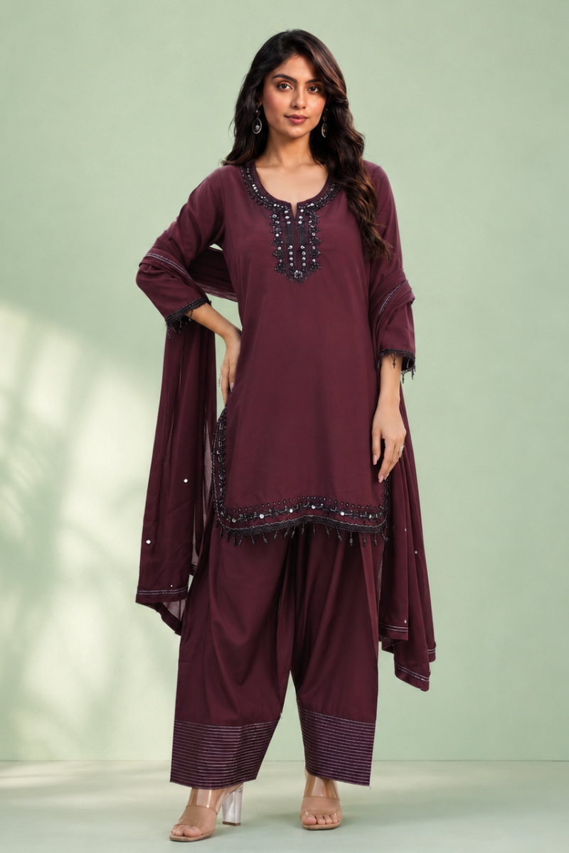 Wine Purple Silk Farsi Set with Embroidered Designer Work