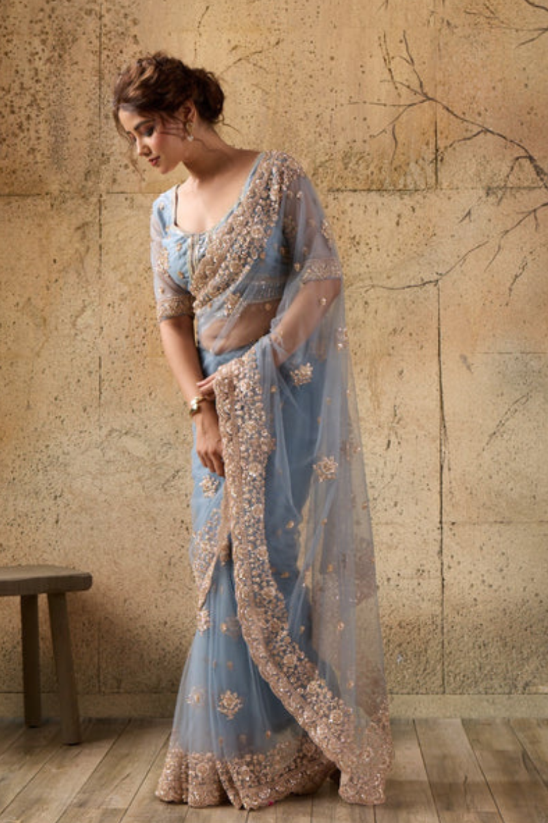 Dusty Blue Net Saree with Hand Embroidery with Stitched Blouse