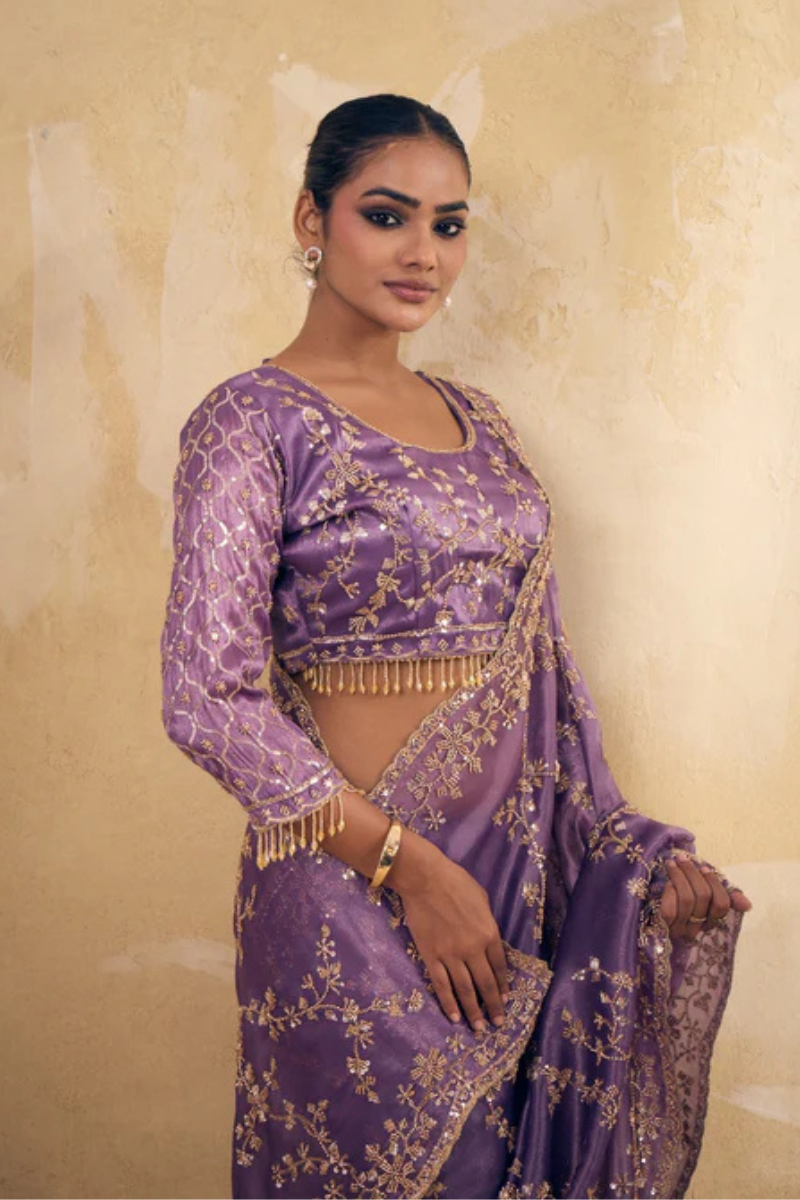 Lavendar Purple Organza Silk Saree with Hand Embriodery with Stitched Blouse