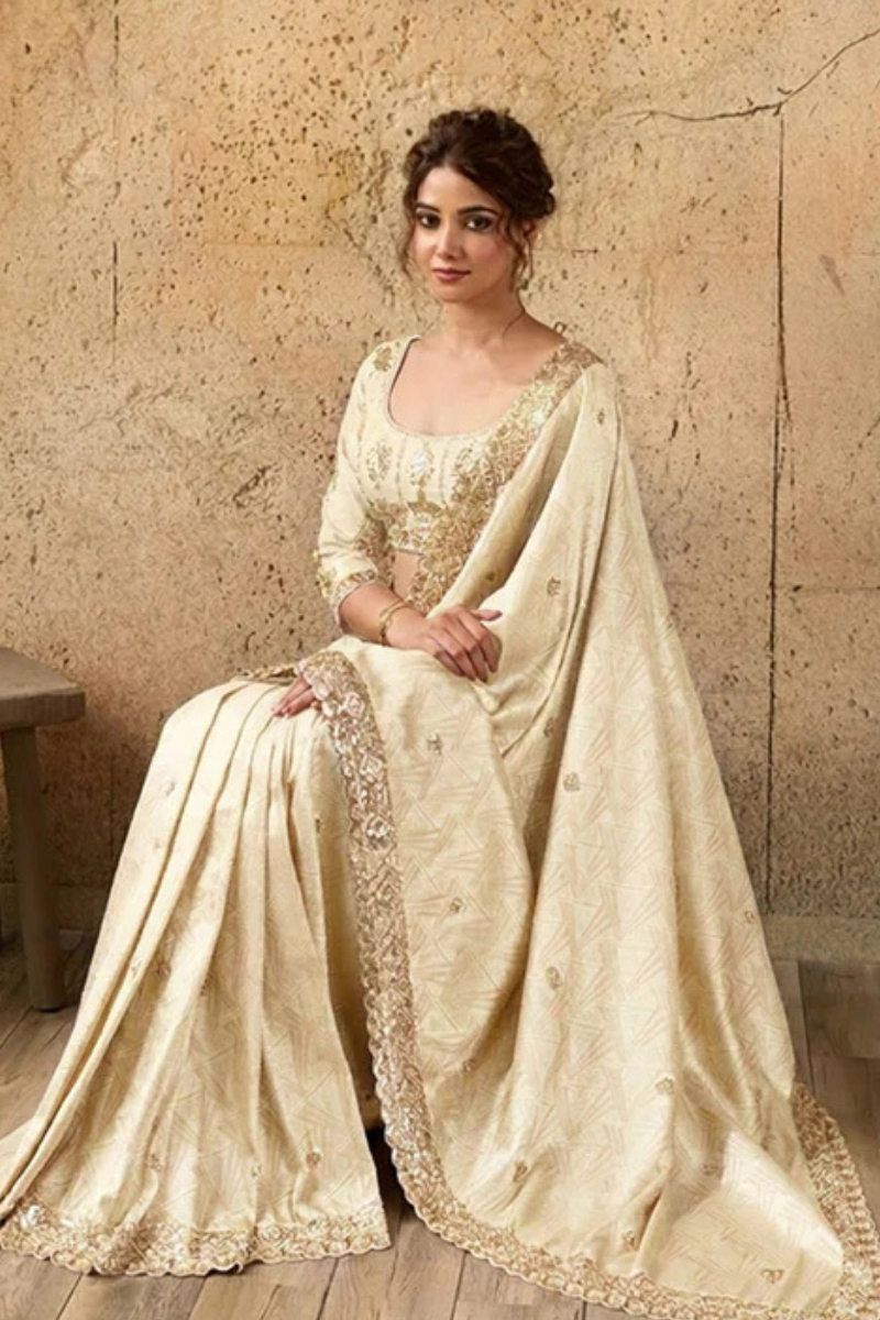 Ivory Cream Organza Silk Saree with Zari Hand Embroidery with Stitched Blouse
