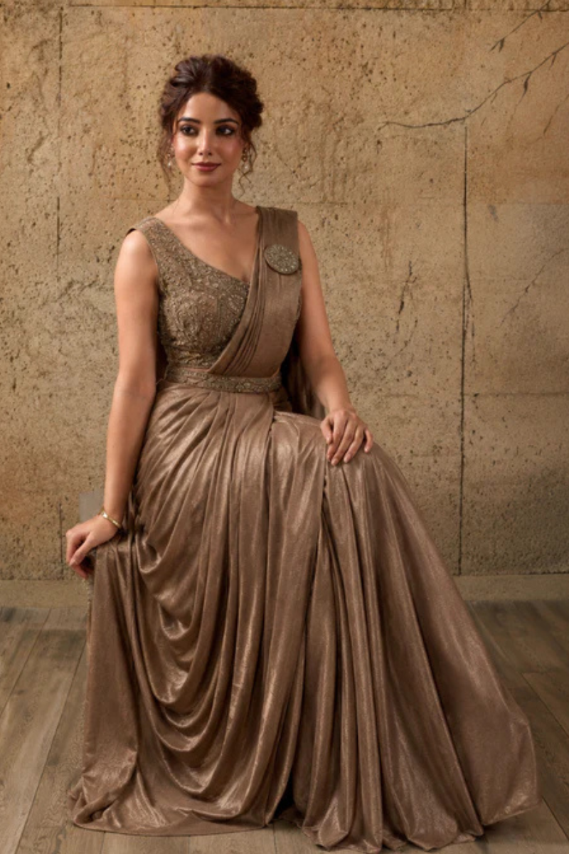 Mocha Brown Lycra Pre-Draped Saree with Ready to Wear Blouse