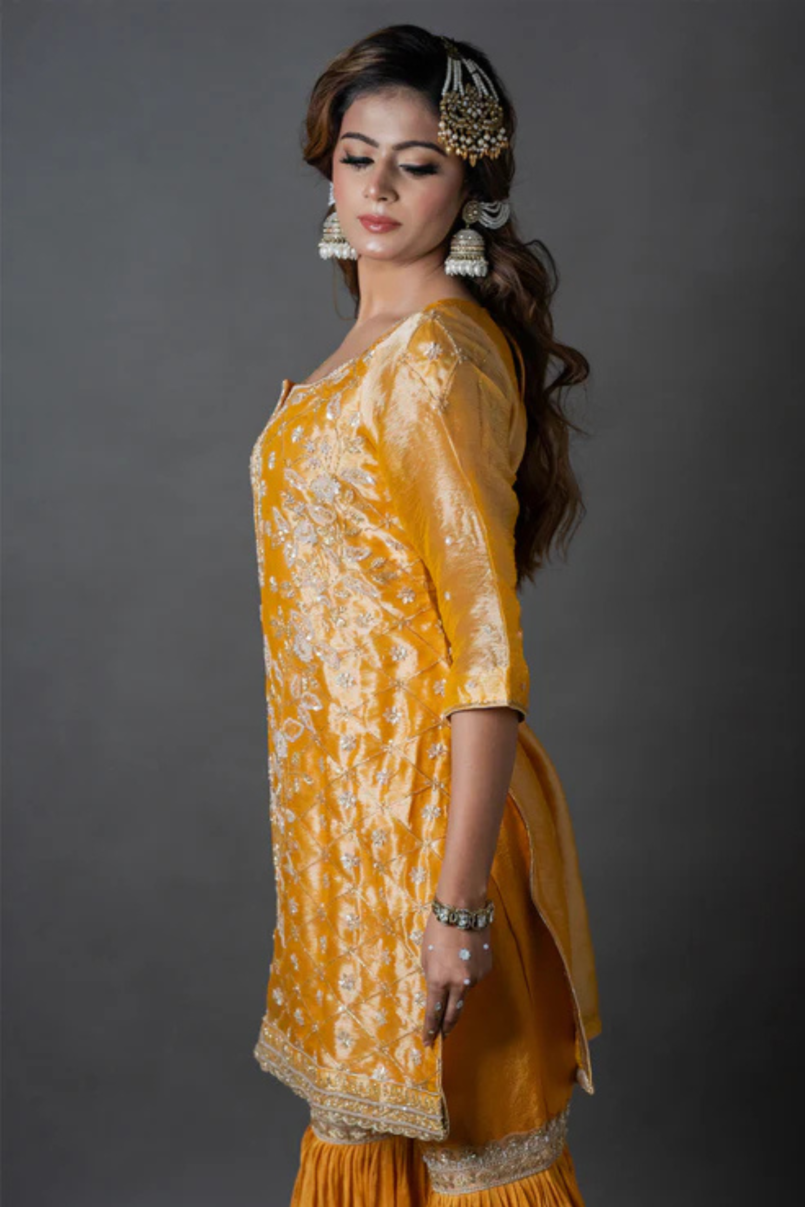 Mustard Yellow Organza Kurta Gharara Set with Zari, Sequin & Pearl Hand Embroidery Work