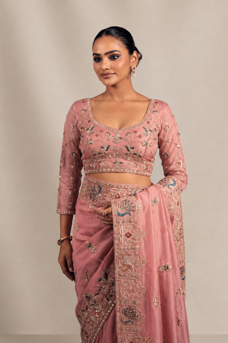 Rose Pink Organza Silk Saree with Peacock Hand Embroidery with Stitched Blouse