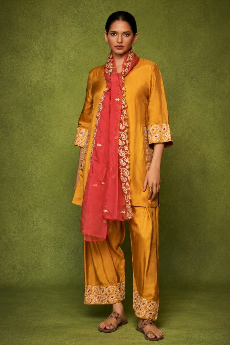 Mustard Silk Farsi Set with Embroidered Designer Work