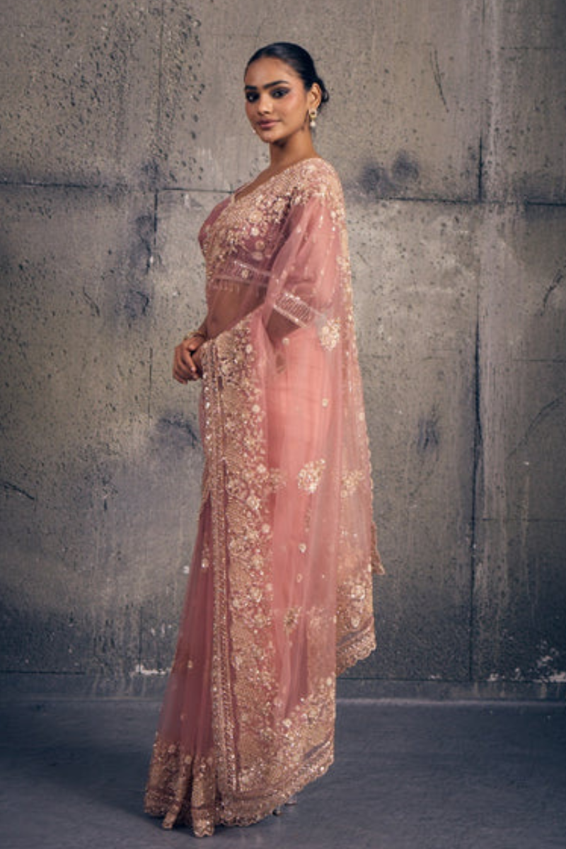 Light Rose Pink Net Saree with Hand Embroidery with Stitched Blouse