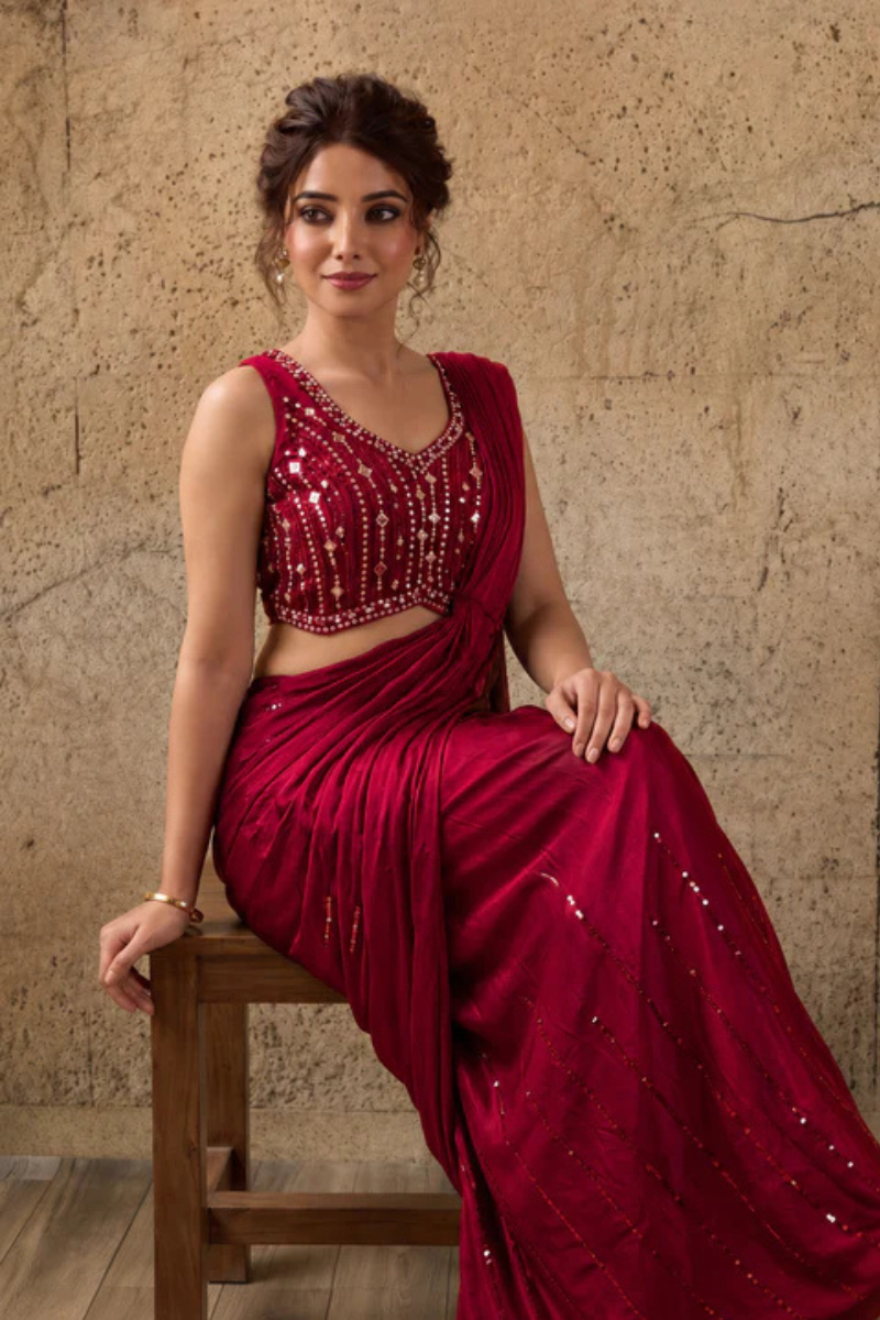 Red Lycra Pre-Draped Saree with Sequin Work and Ready to Wear Blouse