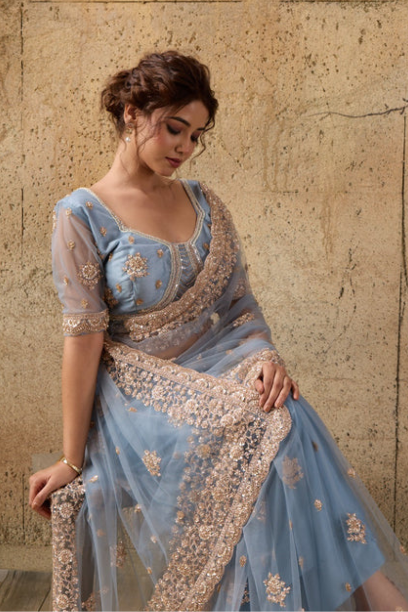 Dusty Blue Net Saree with Hand Embroidery with Stitched Blouse