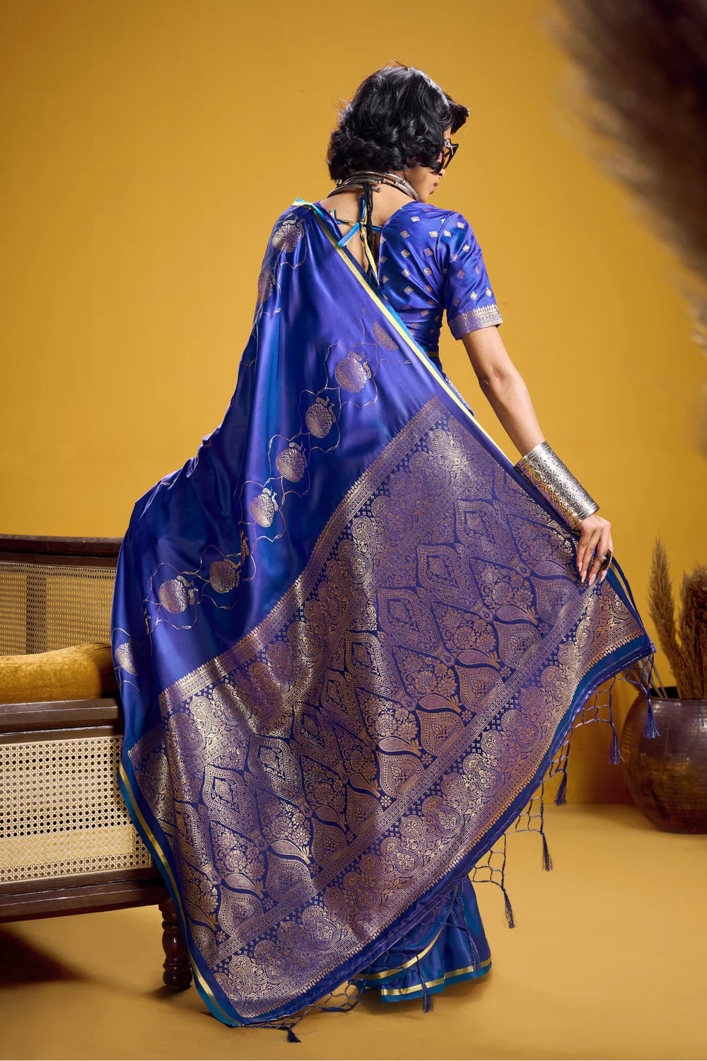 Dark Blue Pure Satin Handloom Saree with Gold Zari Weaving