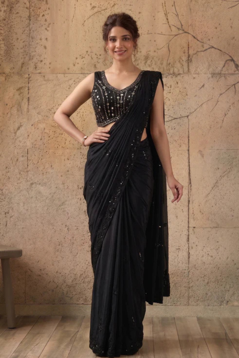 Black Lycra Pre-Draped Saree with Sequin Work and Ready to Wear Blouse