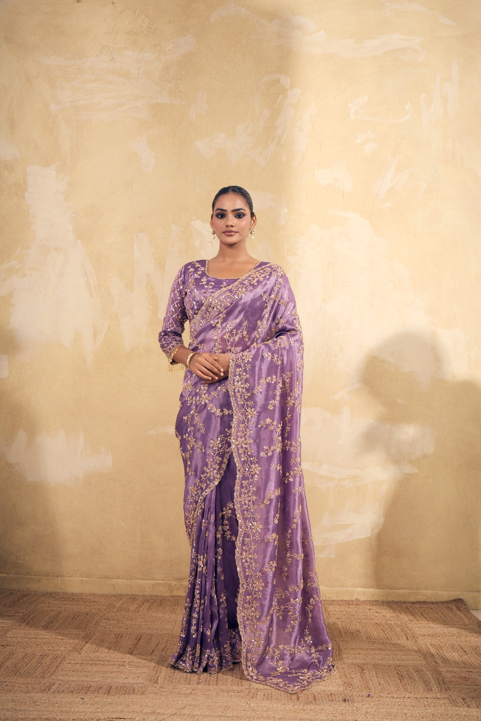 Lavendar Purple Organza Silk Saree with Hand Embriodery with Stitched Blouse