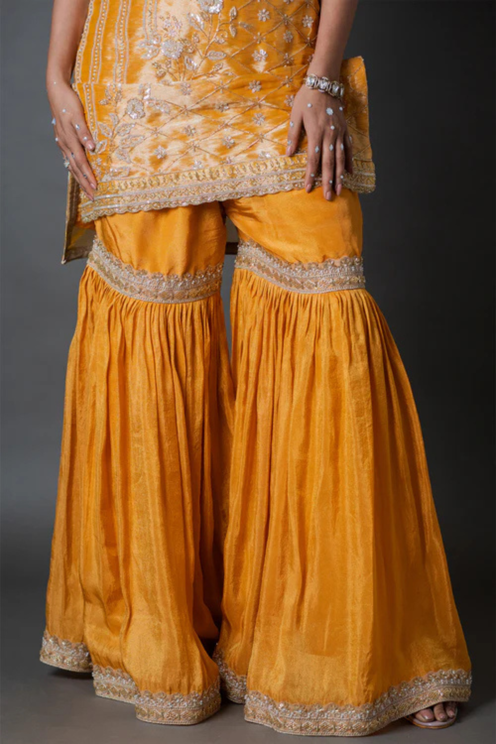 Mustard Yellow Organza Kurta Gharara Set with Zari, Sequin & Pearl Hand Embroidery Work