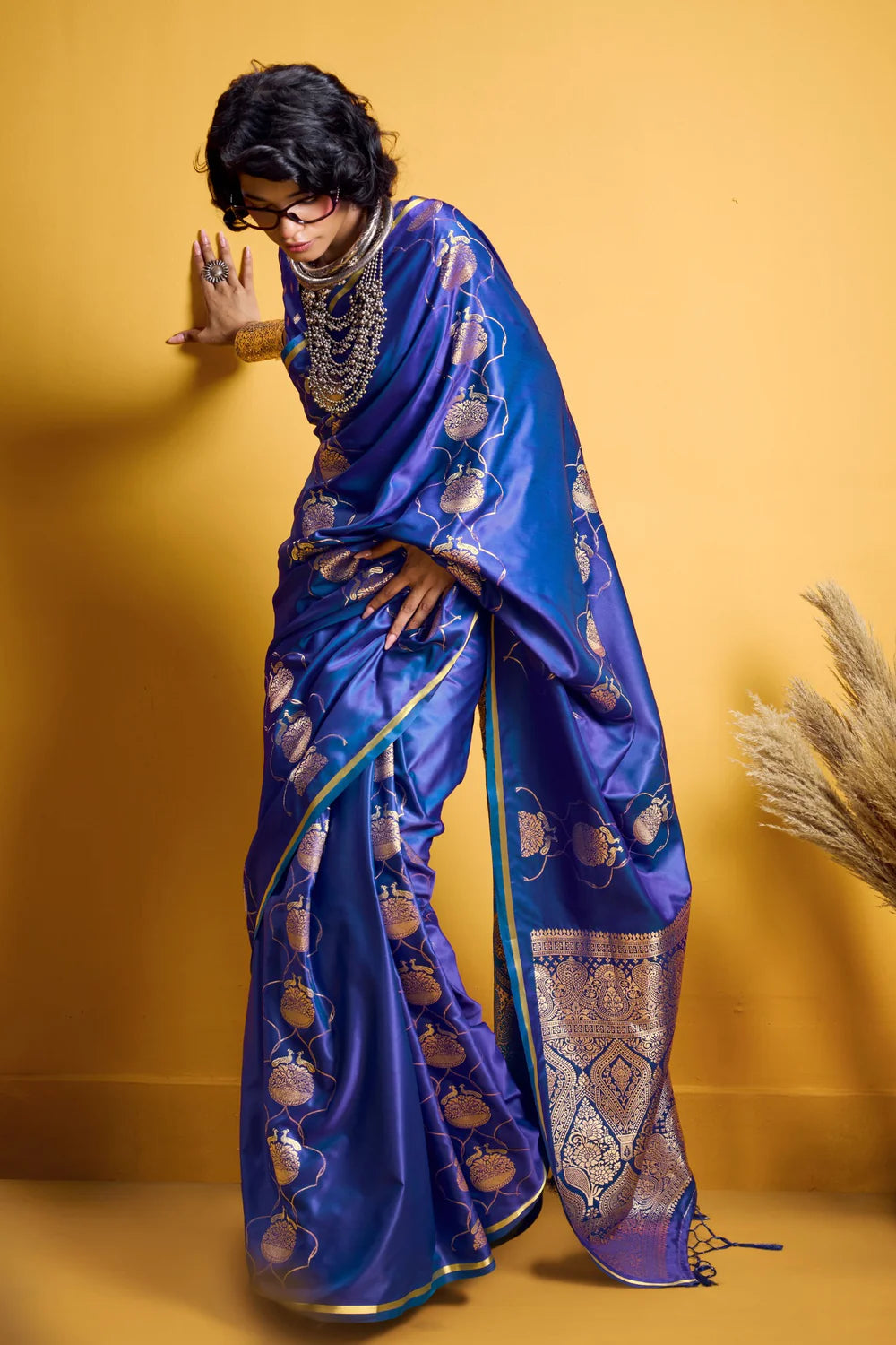 Dark Blue Pure Satin Handloom Saree with Gold Zari Weaving