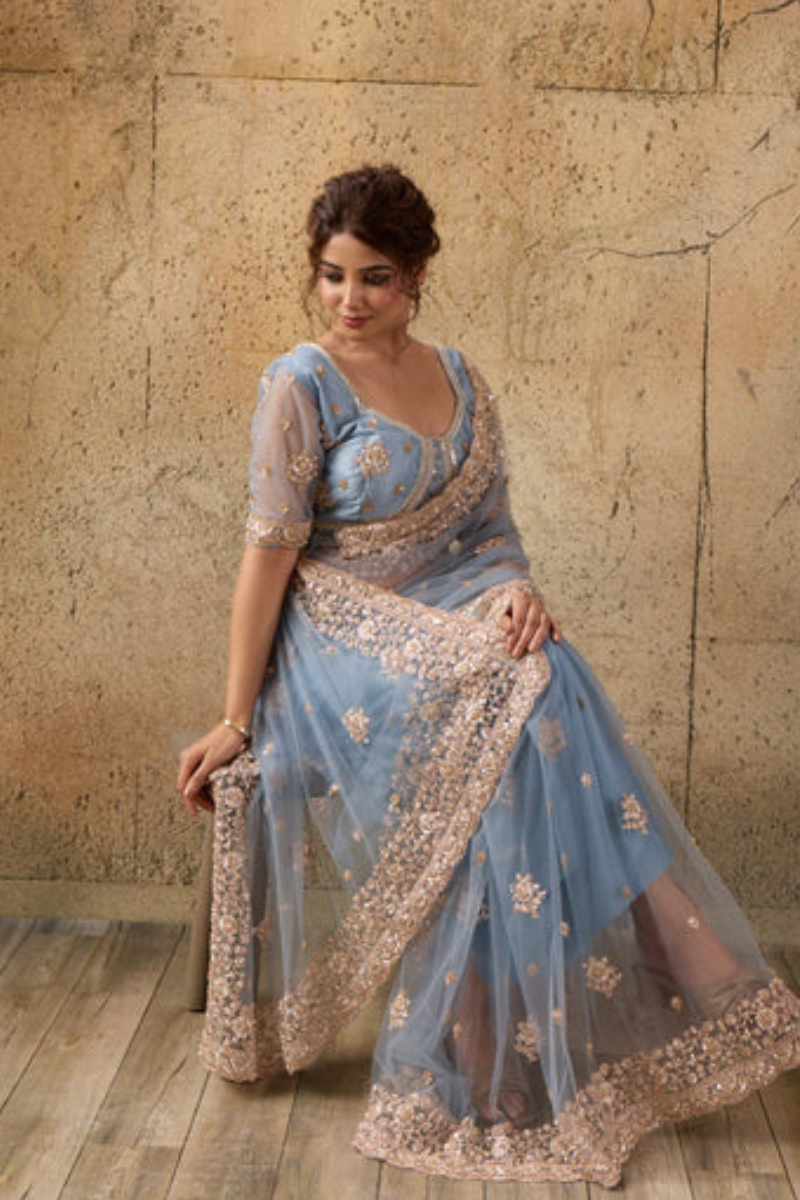 Dusty Blue Net Saree with Hand Embroidery with Stitched Blouse