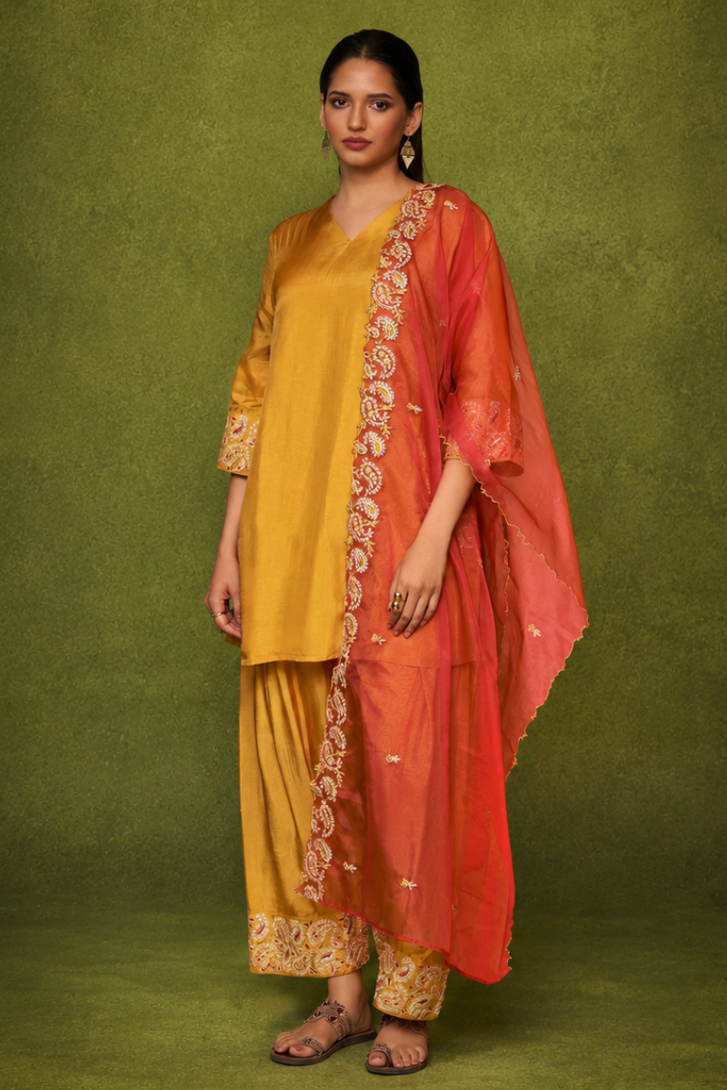 Mustard Silk Farsi Set with Embroidered Designer Work