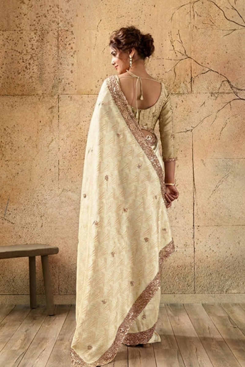 Ivory Cream Organza Silk Saree with Zari Hand Embroidery with Stitched Blouse