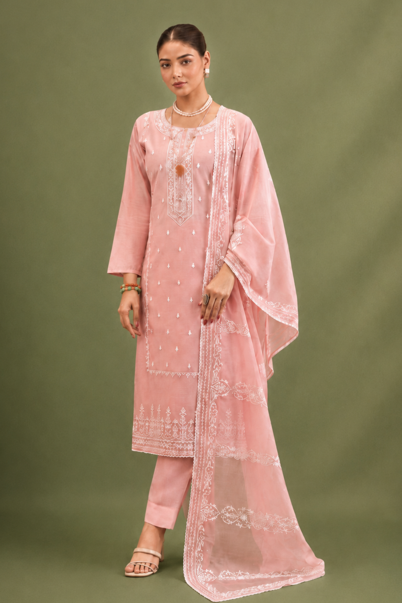 Blush Pink Pure Mal Cotton Suit Set with Laser Cut Work Design