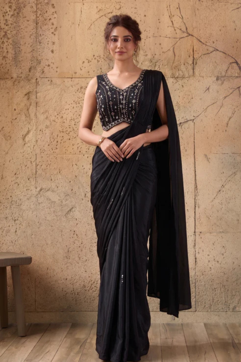 Black Lycra Pre-Draped Saree with Sequin Work and Ready to Wear Blouse