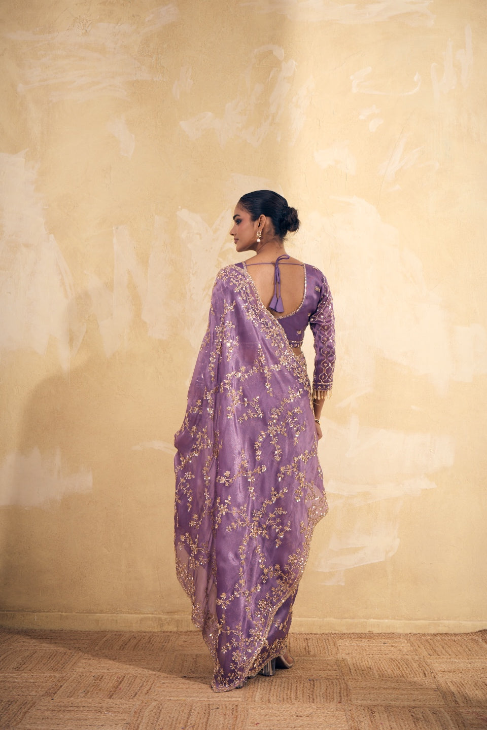 Lavendar Purple Organza Silk Saree with Hand Embriodery with Stitched Blouse