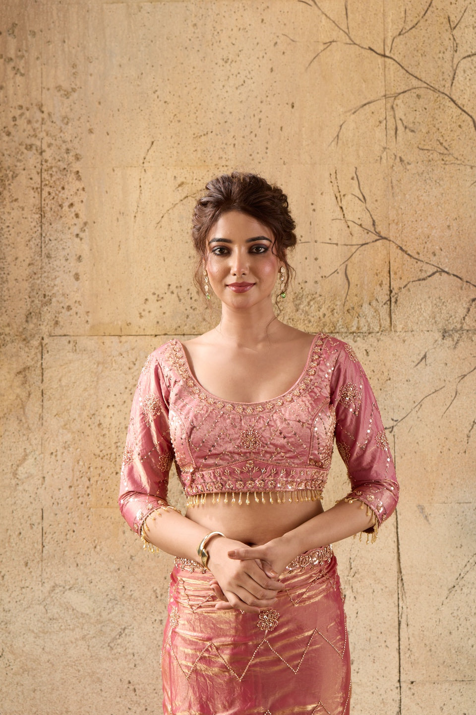 Rose Pink Organza Saree with Hand Embroidery with Stitched Blouse