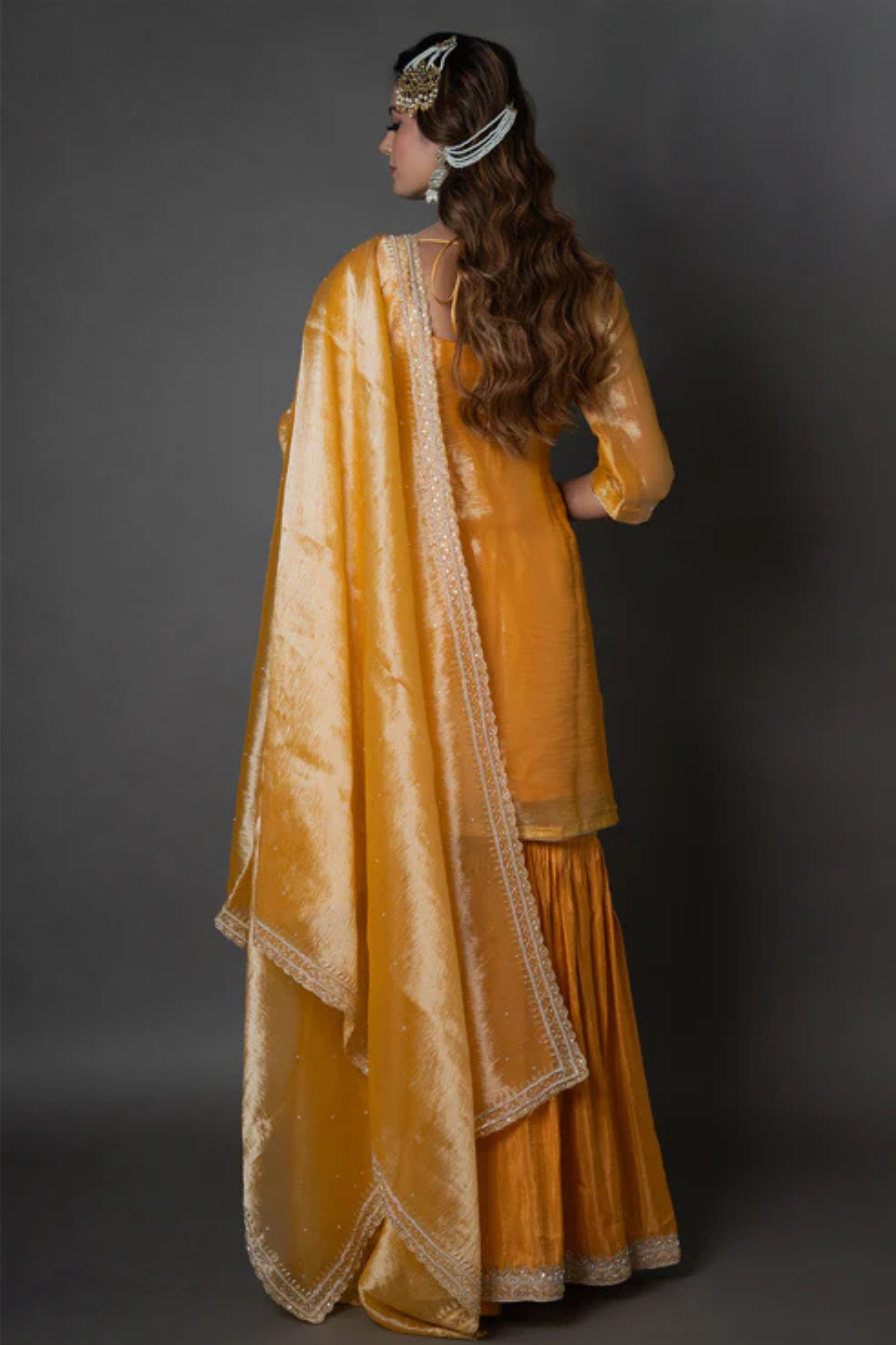 Mustard Yellow Organza Kurta Gharara Set with Zari, Sequin & Pearl Hand Embroidery Work