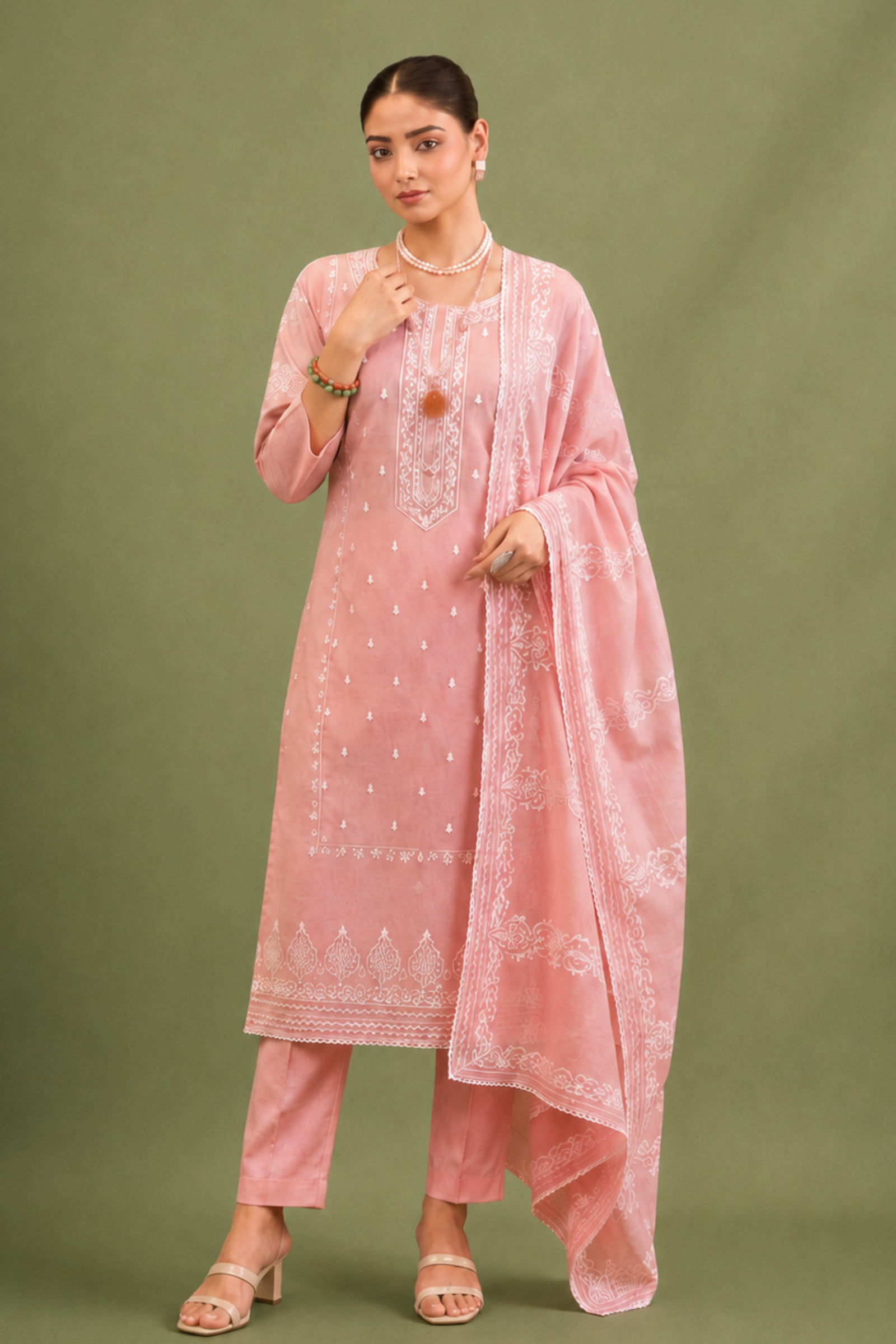 Blush Pink Pure Mal Cotton Suit Set with Laser Cut Work Design