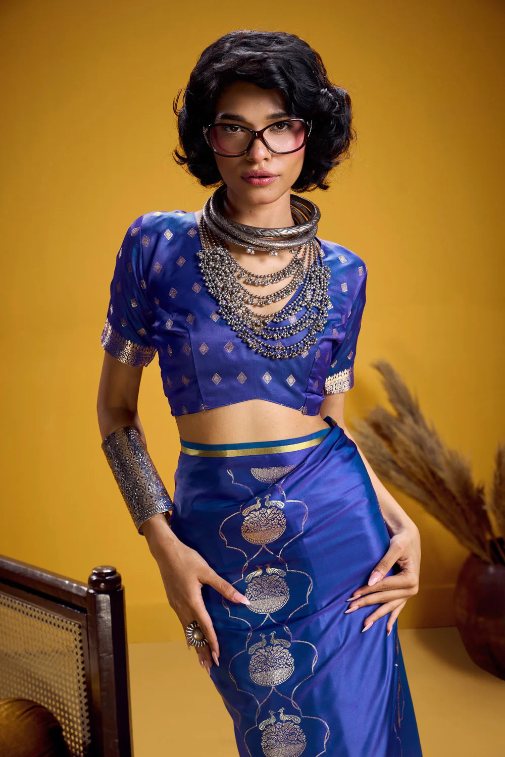 Dark Blue Pure Satin Handloom Saree with Gold Zari Weaving