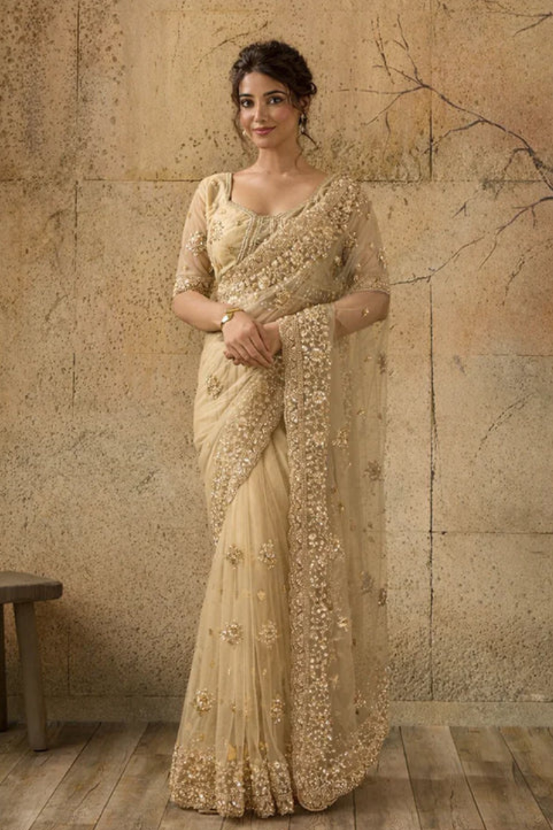 Beige Gold Net Saree with Hand Embroidery with Stitched Blouse