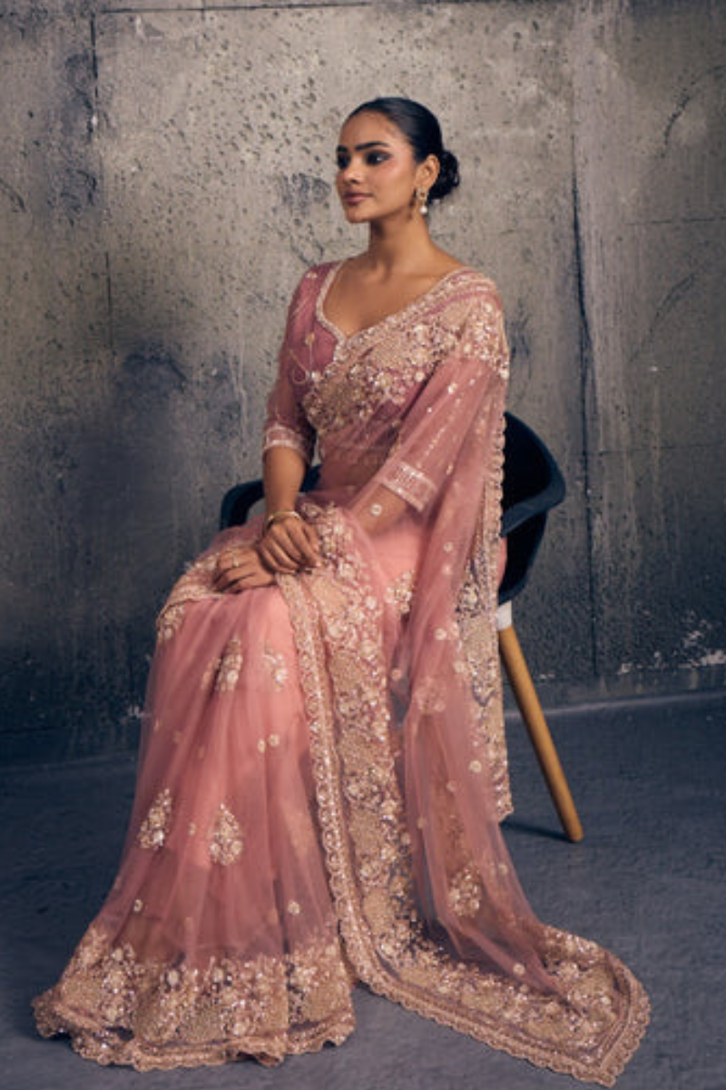 Light Rose Pink Net Saree with Hand Embroidery with Stitched Blouse