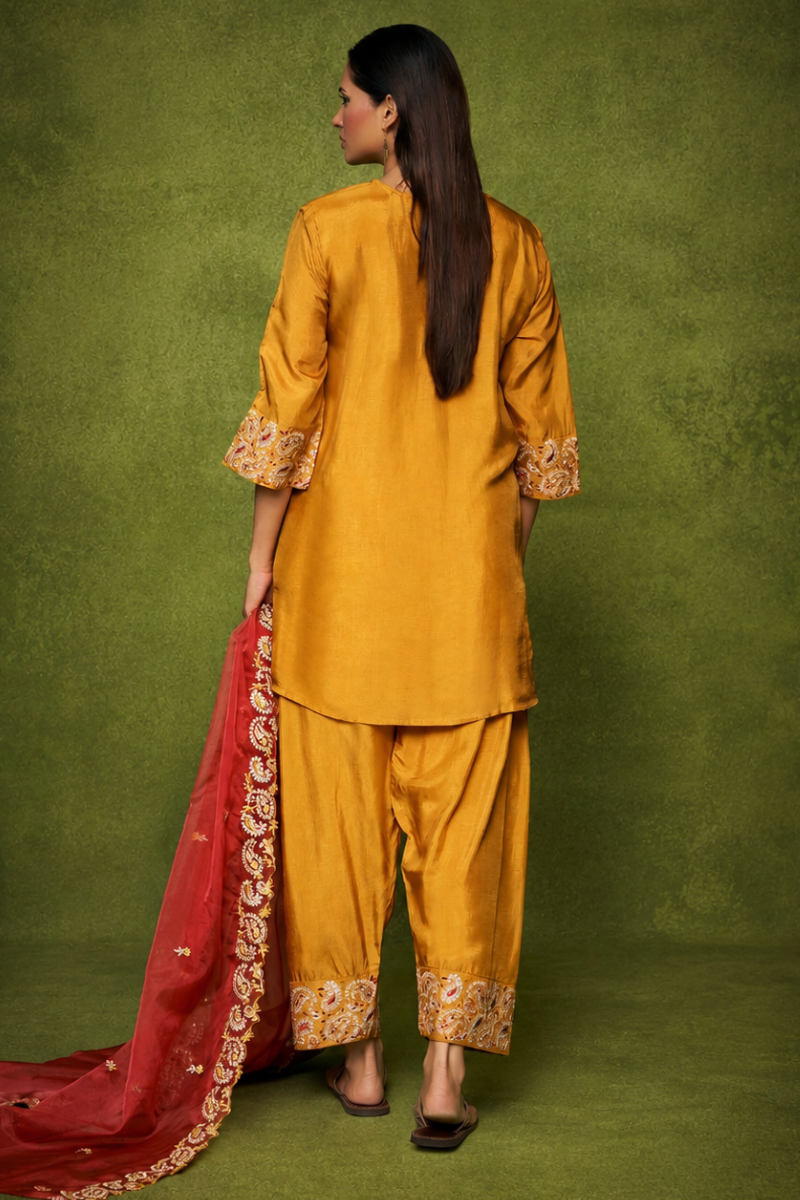 Mustard Silk Farsi Set With Zari Embroidery