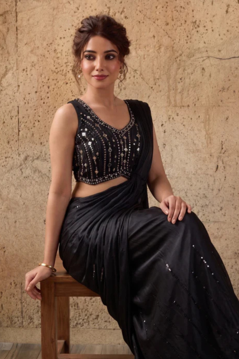 Black Lycra Pre-Draped Saree with Sequin Work and Ready to Wear Blouse