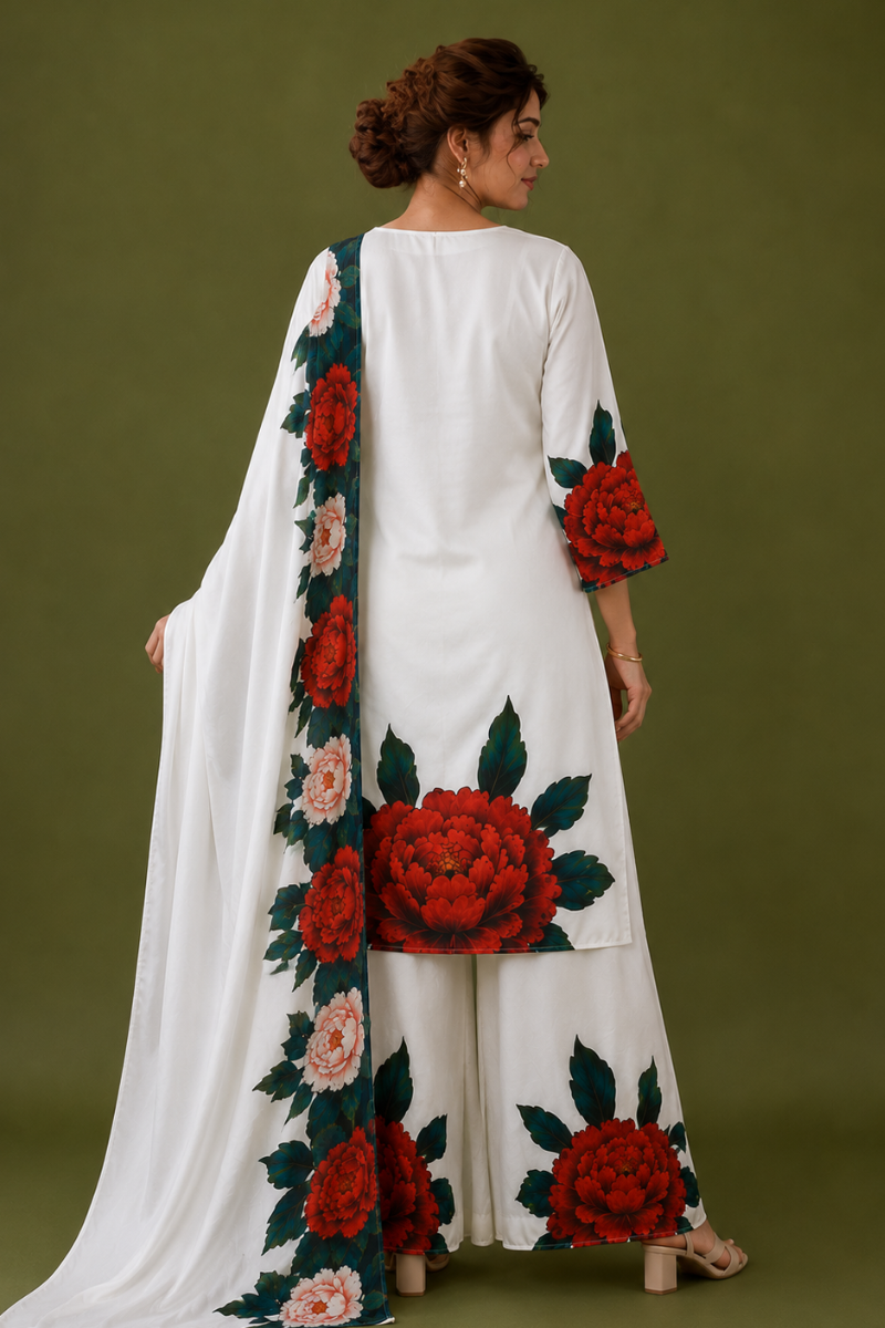 White Satin Silk Kurta Set with Floral Digital Print