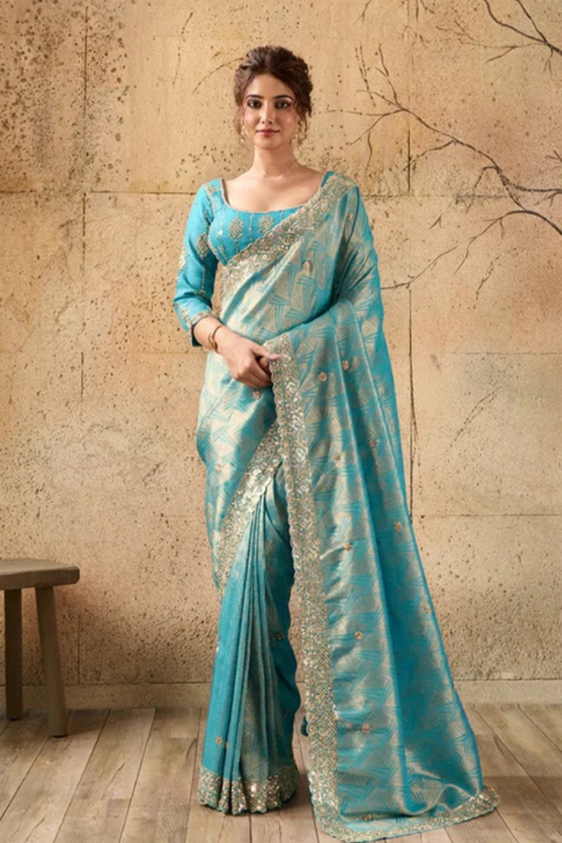 Sky Blue Organza Silk Saree with Zari Hand Embroidery with Stitched Blouse