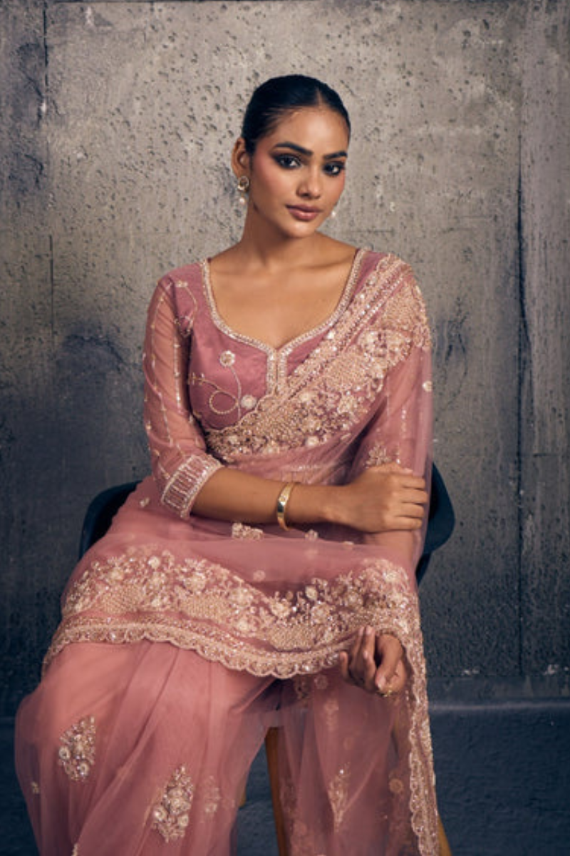 Light Rose Pink Net Saree with Hand Embroidery with Stitched Blouse