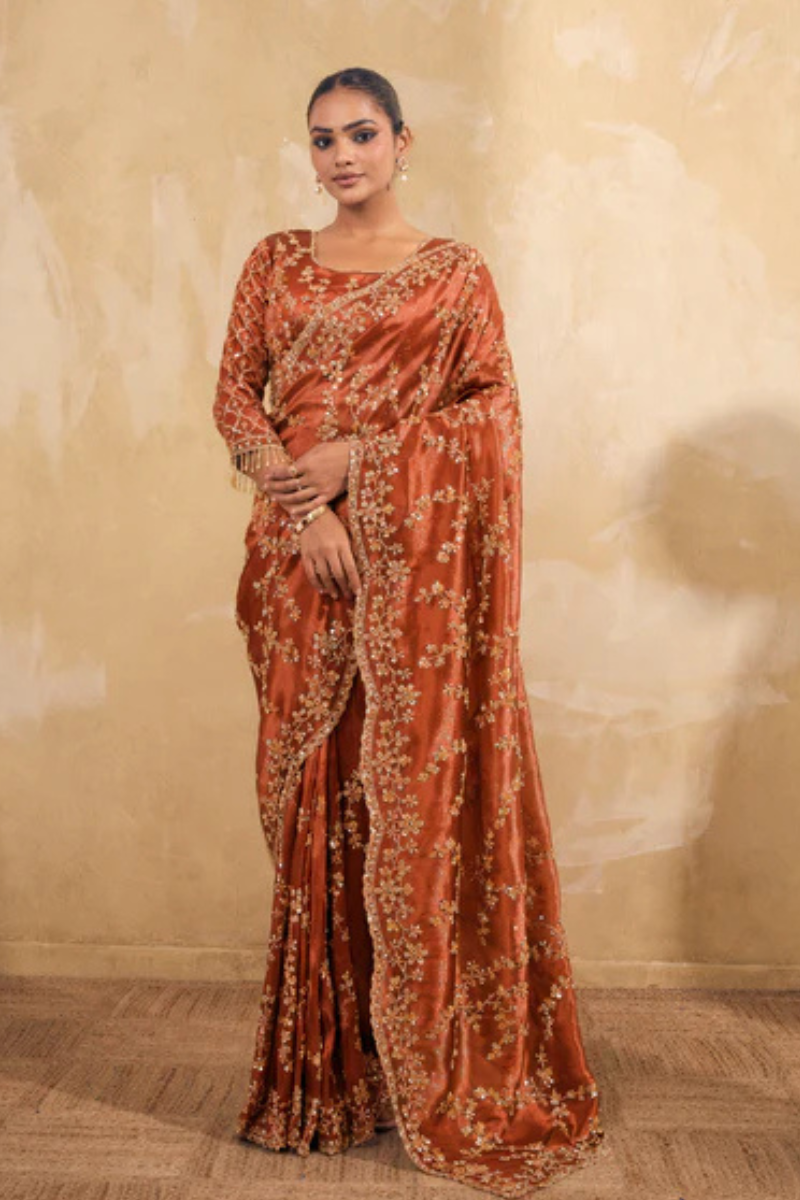 Rusty Orange Organza Silk Saree with Hand Embriodery with Stitched Blouse