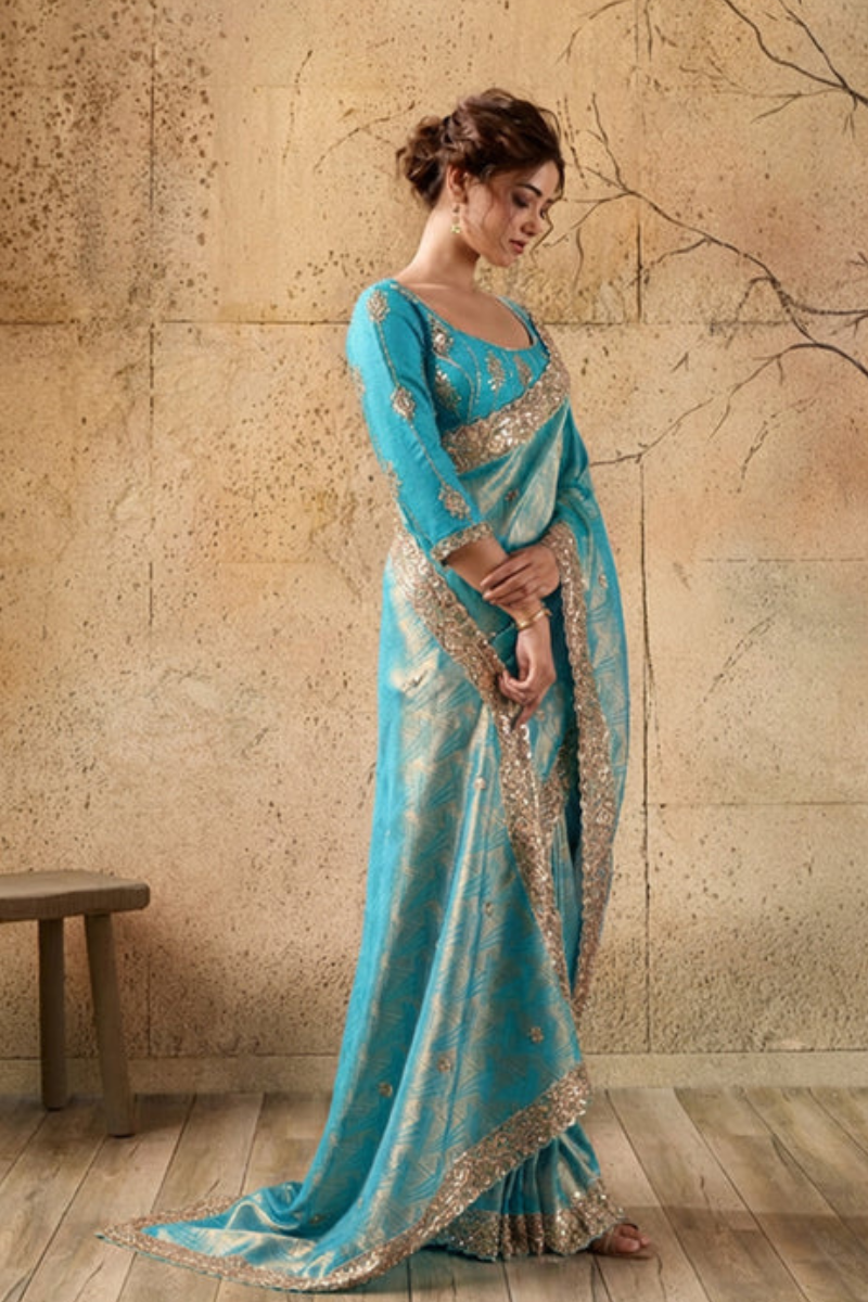 Sky Blue Organza Silk Saree with Zari Hand Embroidery with Stitched Blouse