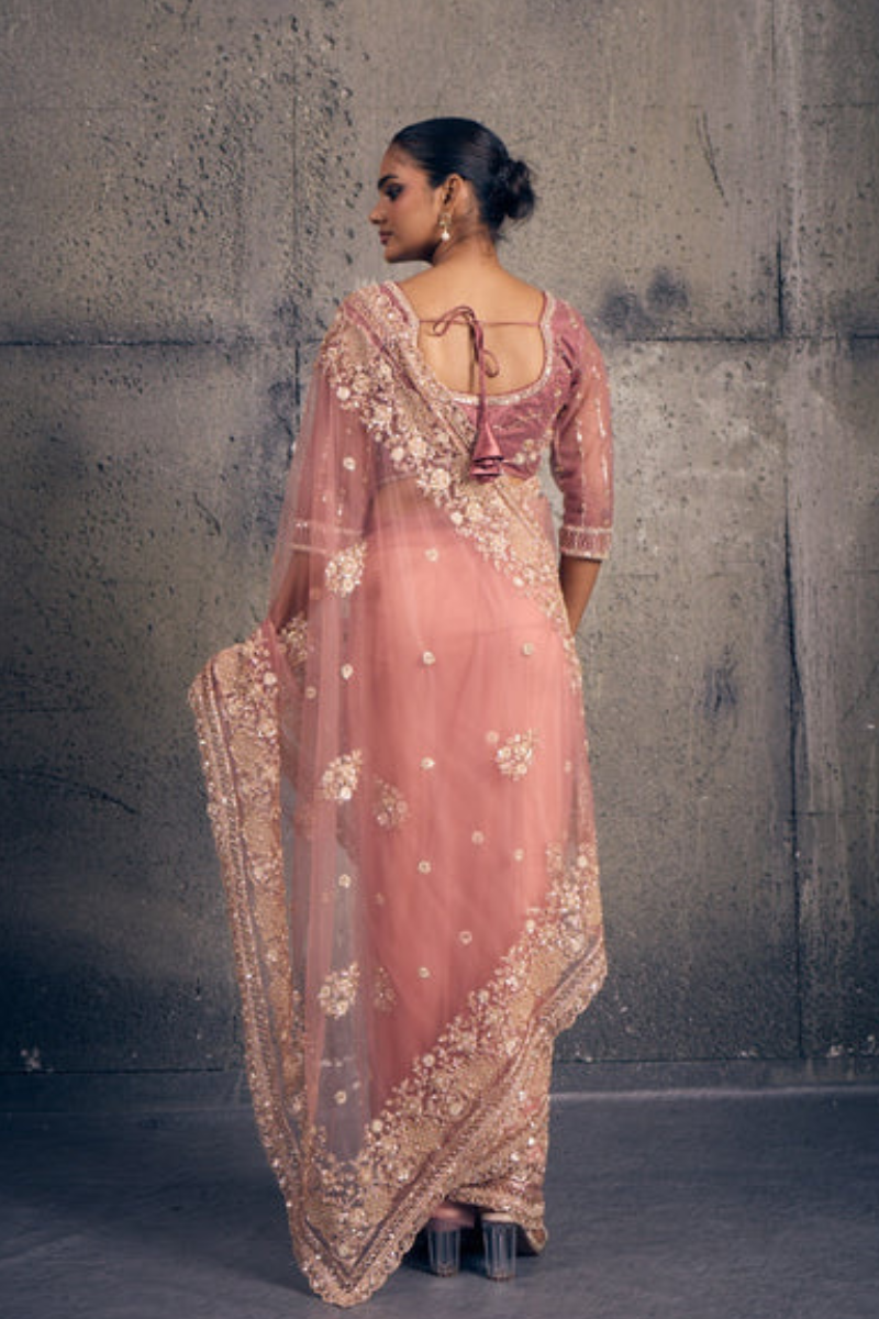 Light Rose Pink Net Saree with Hand Embroidery with Stitched Blouse