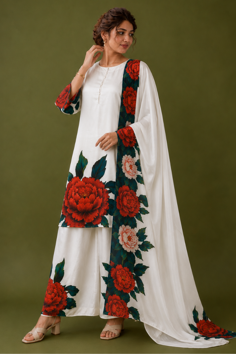 White Satin Silk Kurta Set with Floral Digital Print