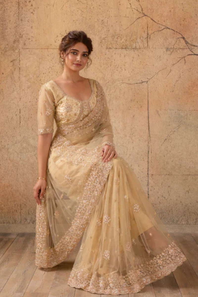 Beige Gold Net Saree with Hand Embroidery with Stitched Blouse