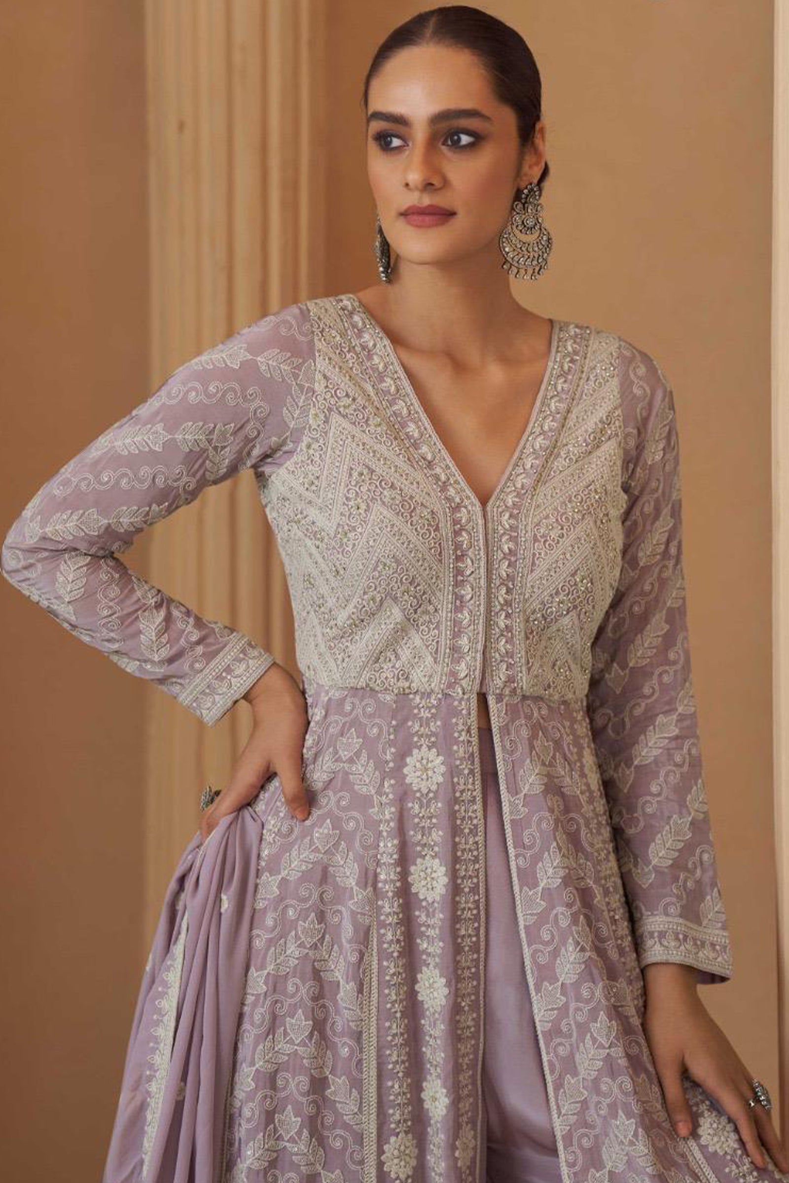 Lavender Georgette Front-Slit Anarkali with Intricate Ivory Threadwork