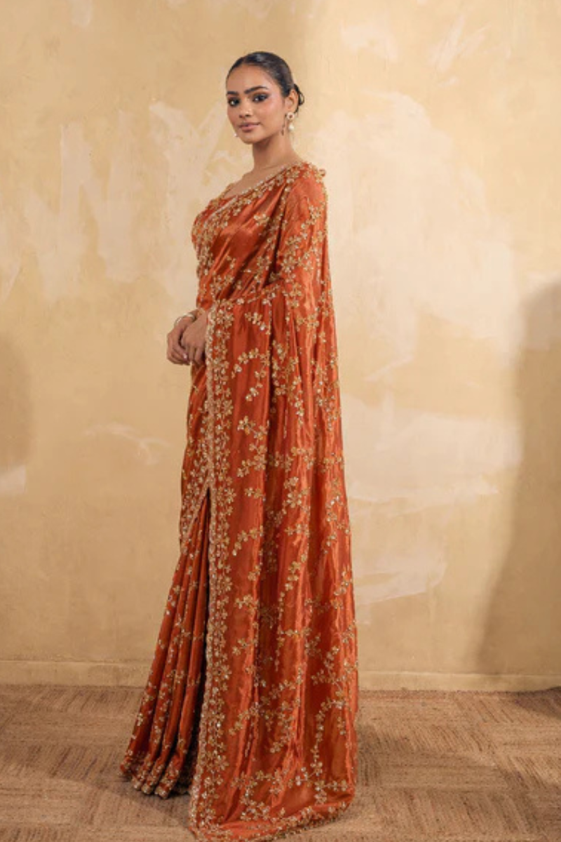 Rusty Orange Organza Silk Saree with Hand Embriodery with Stitched Blouse