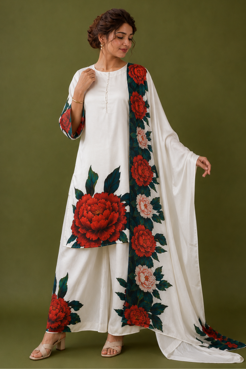 White Satin Silk Kurta Set with Floral Digital Print