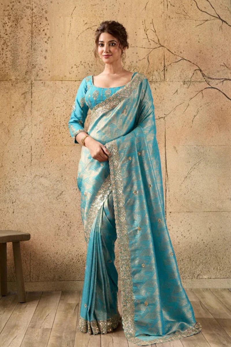 Sky Blue Organza Silk Saree with Zari Hand Embroidery with Stitched Blouse